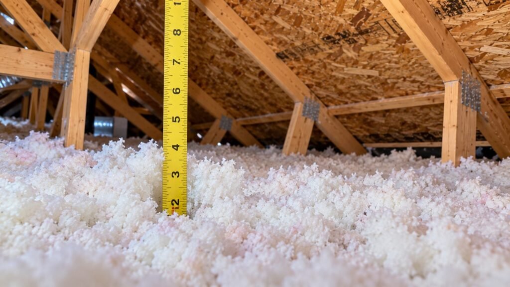Depth ruler in blown-in insulation in a newer Parrish home attic