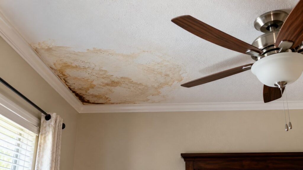 Brown water stain on an upstairs bedroom ceiling