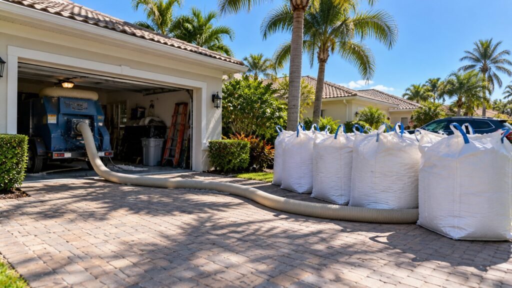 Insulation removal hose and full removal bags outside a Florida home