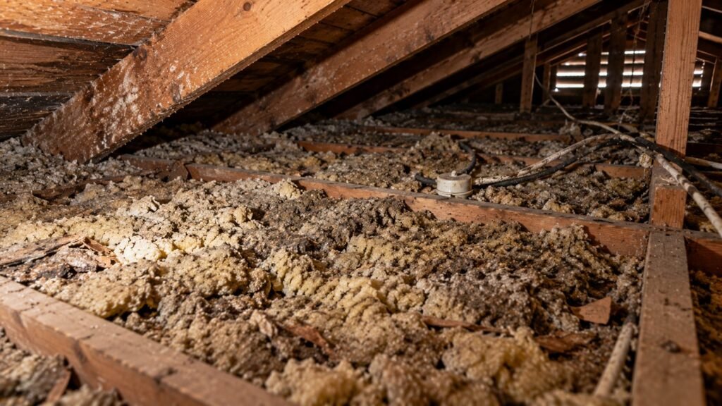 Crumbly old insulation in an older attic