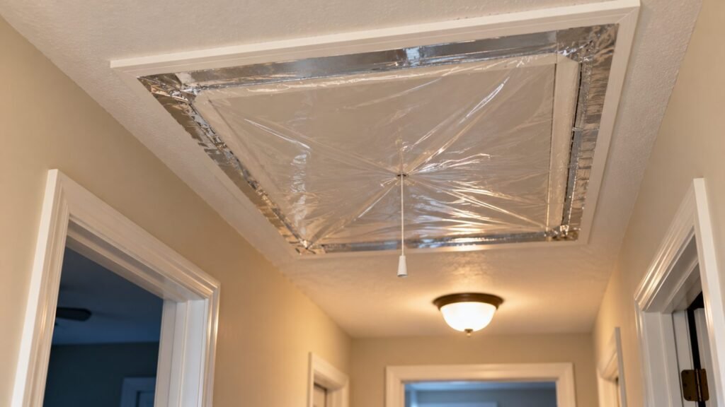 Attic hatch sealed with plastic sheeting