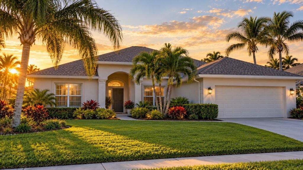 Well-kept Florida ranch home with palm trees at golden hour