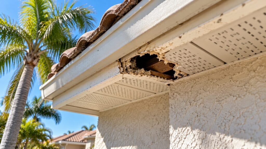 Small chewed gap at the eave of a Florida stucco home