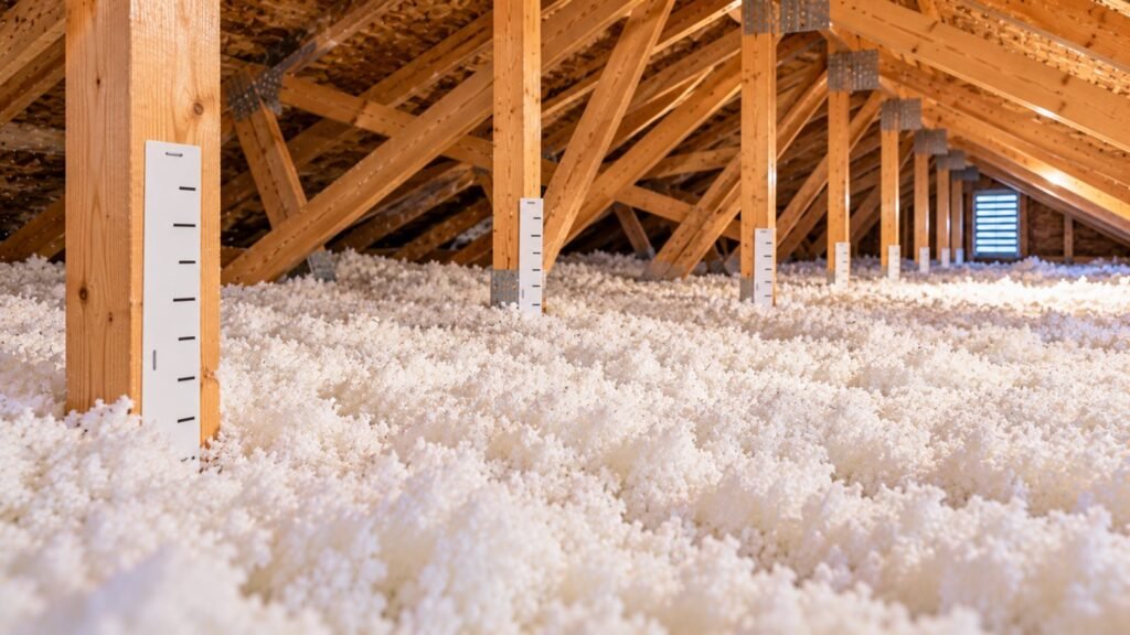 Attic depth markers on trusses across a freshly insulated attic