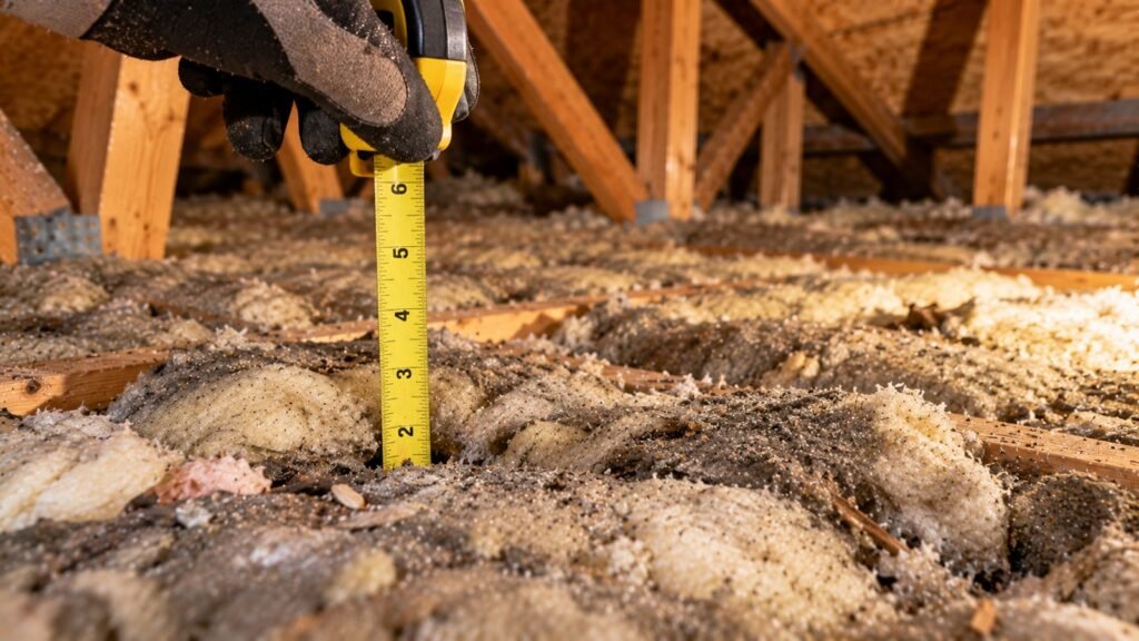 Tape measure in thin old attic insulation
