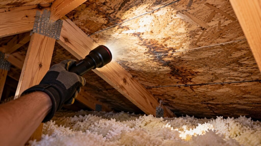 Flashlight checking the underside of roof decking in an attic