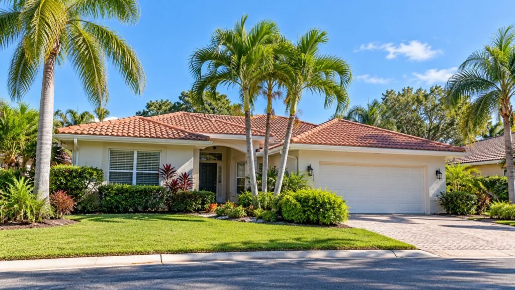 Older Sarasota ranch home with a tile roof and palm trees