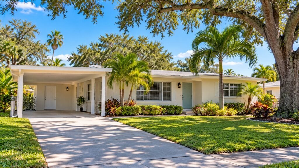 1970s block ranch home in Bayshore Gardens with a carport