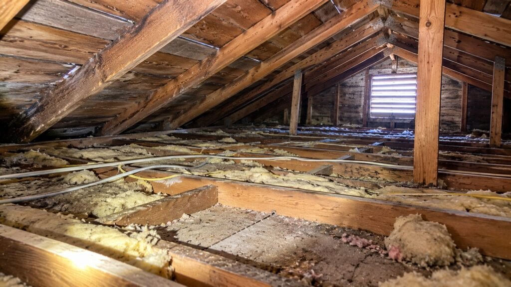 Old cottage attic with very little insulation and bare joists