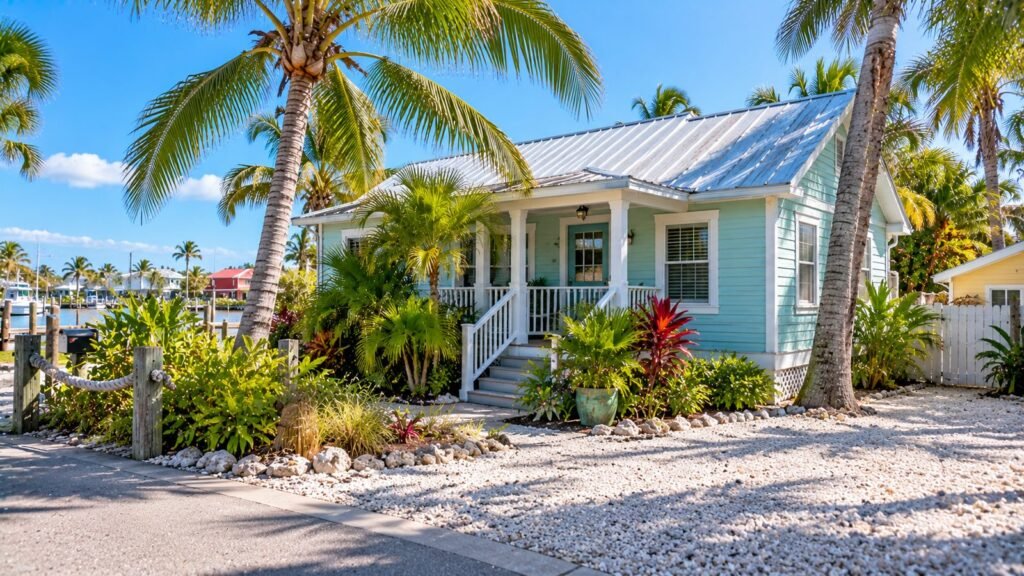 Older cottage-style home in the Cortez area with a tin roof and palms