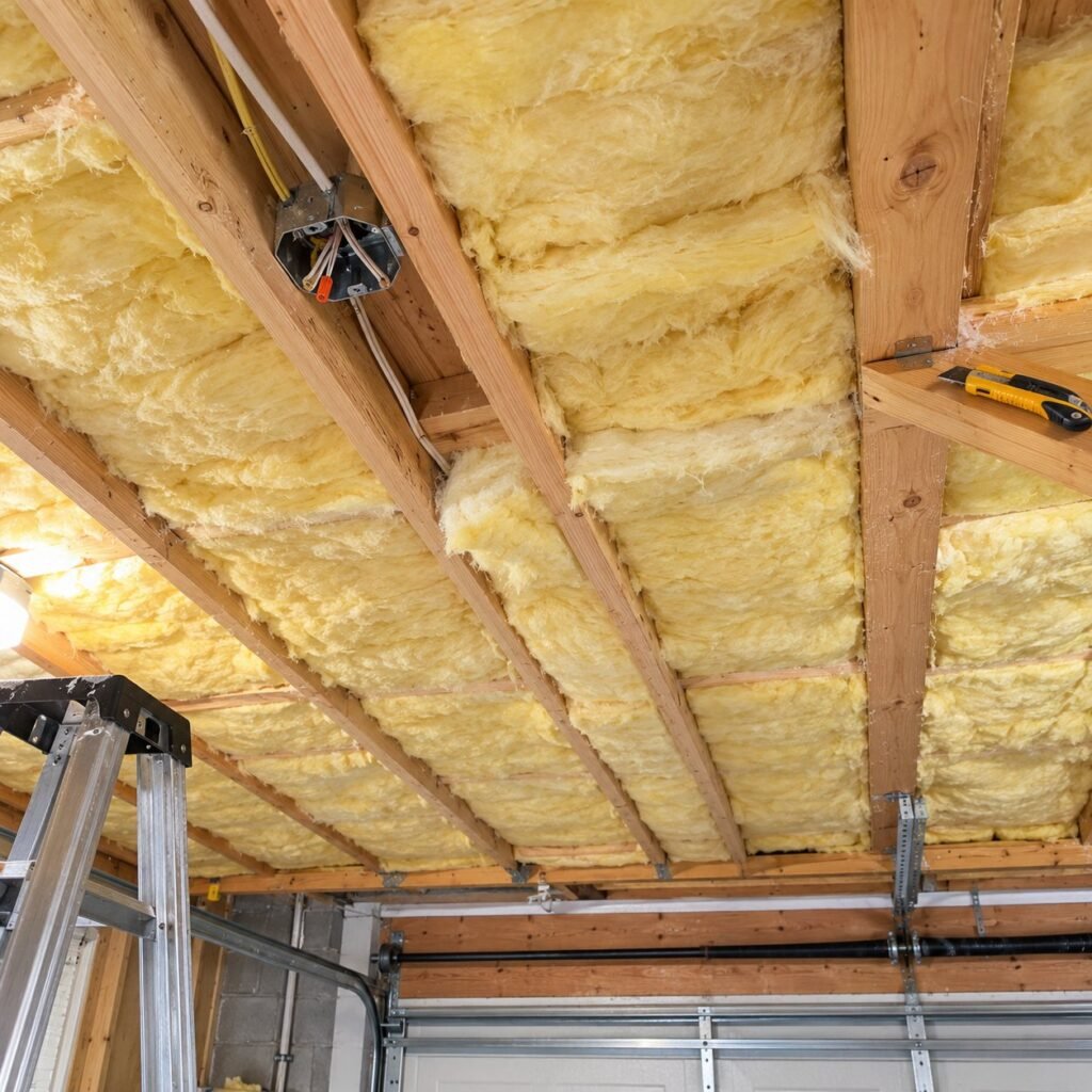 Fiberglass batt insulation installed between ceiling joists