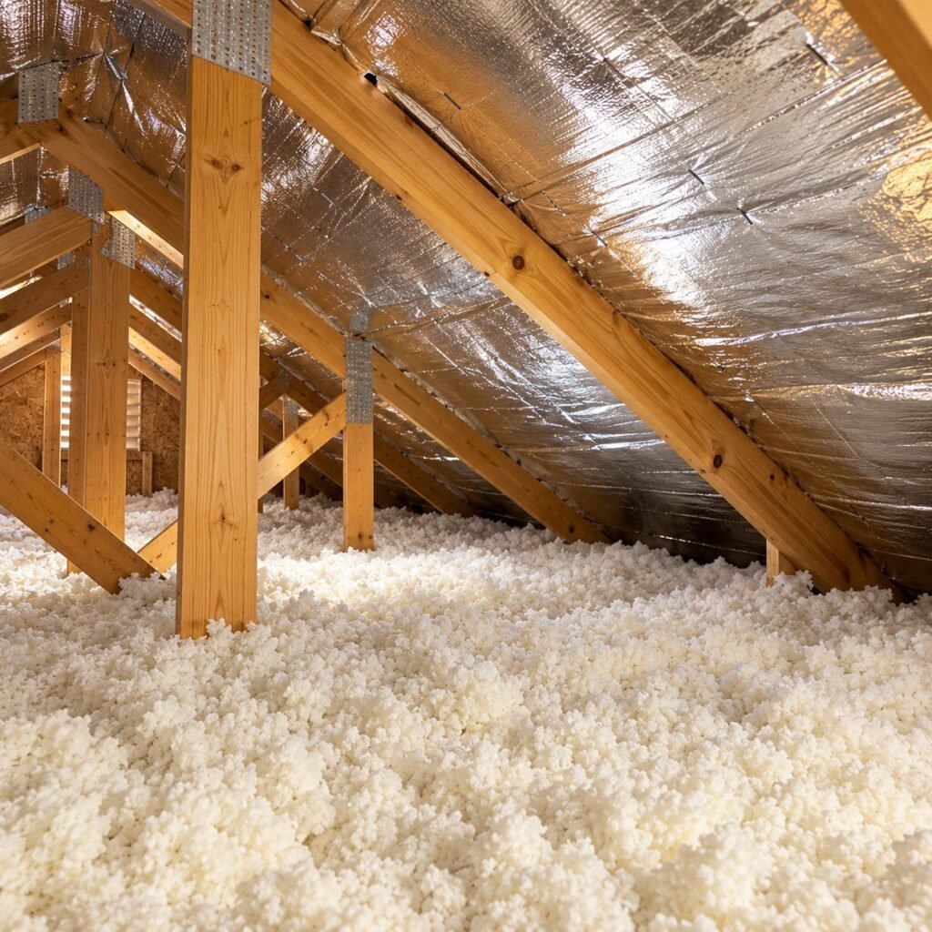 Radiant barrier foil under the roof deck above blown-in insulation