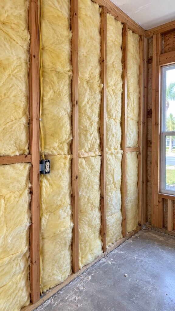 Fiberglass batt insulation in open wall studs