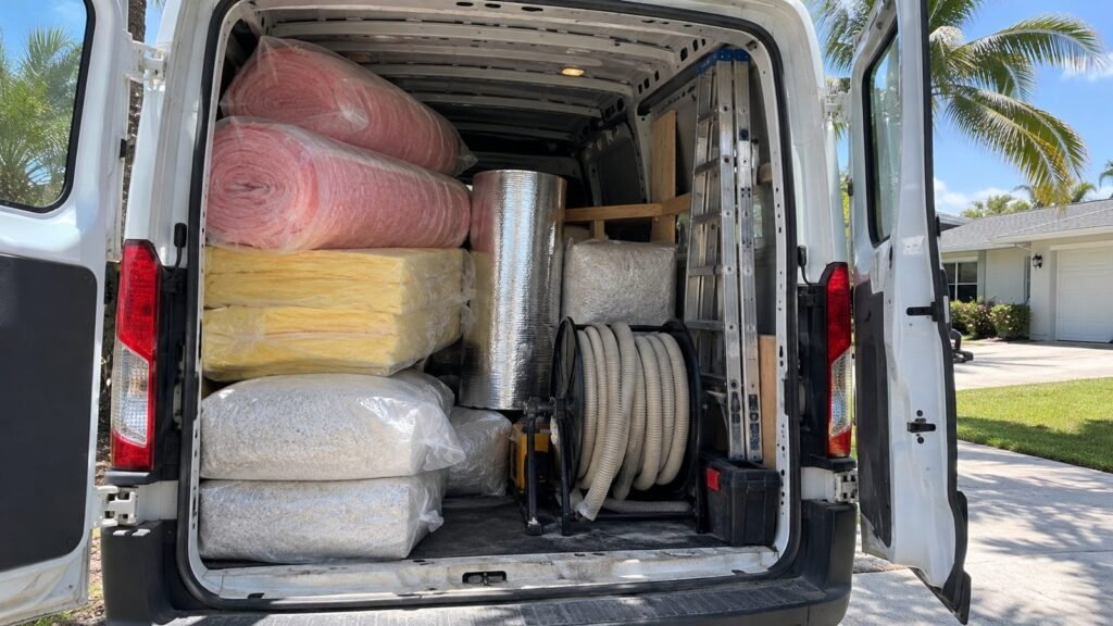 Work van loaded with batt, loose-fill, and radiant barrier insulation
